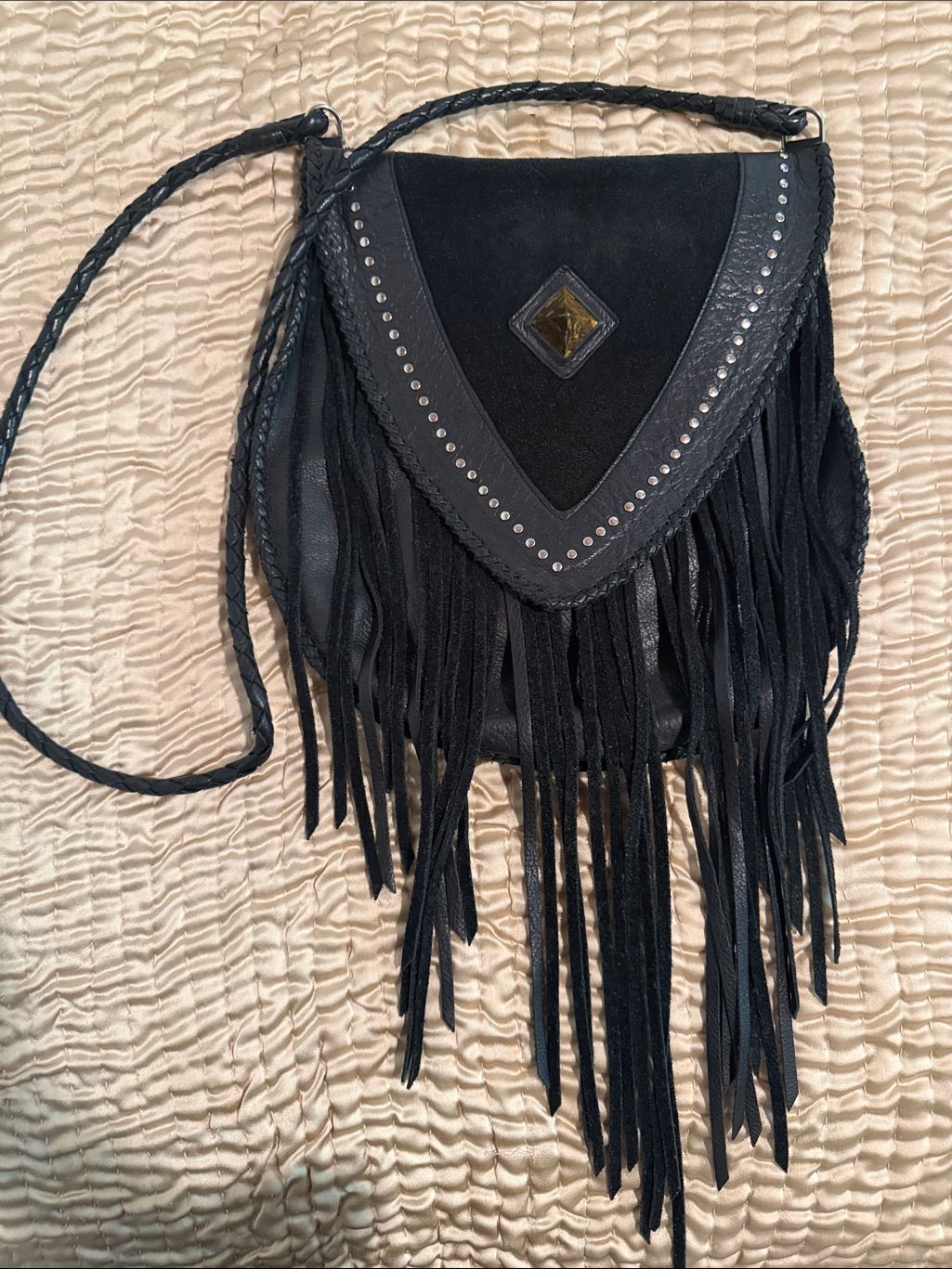 Native Rainbow Black Fringe Crossbody Bag With Stud Detail